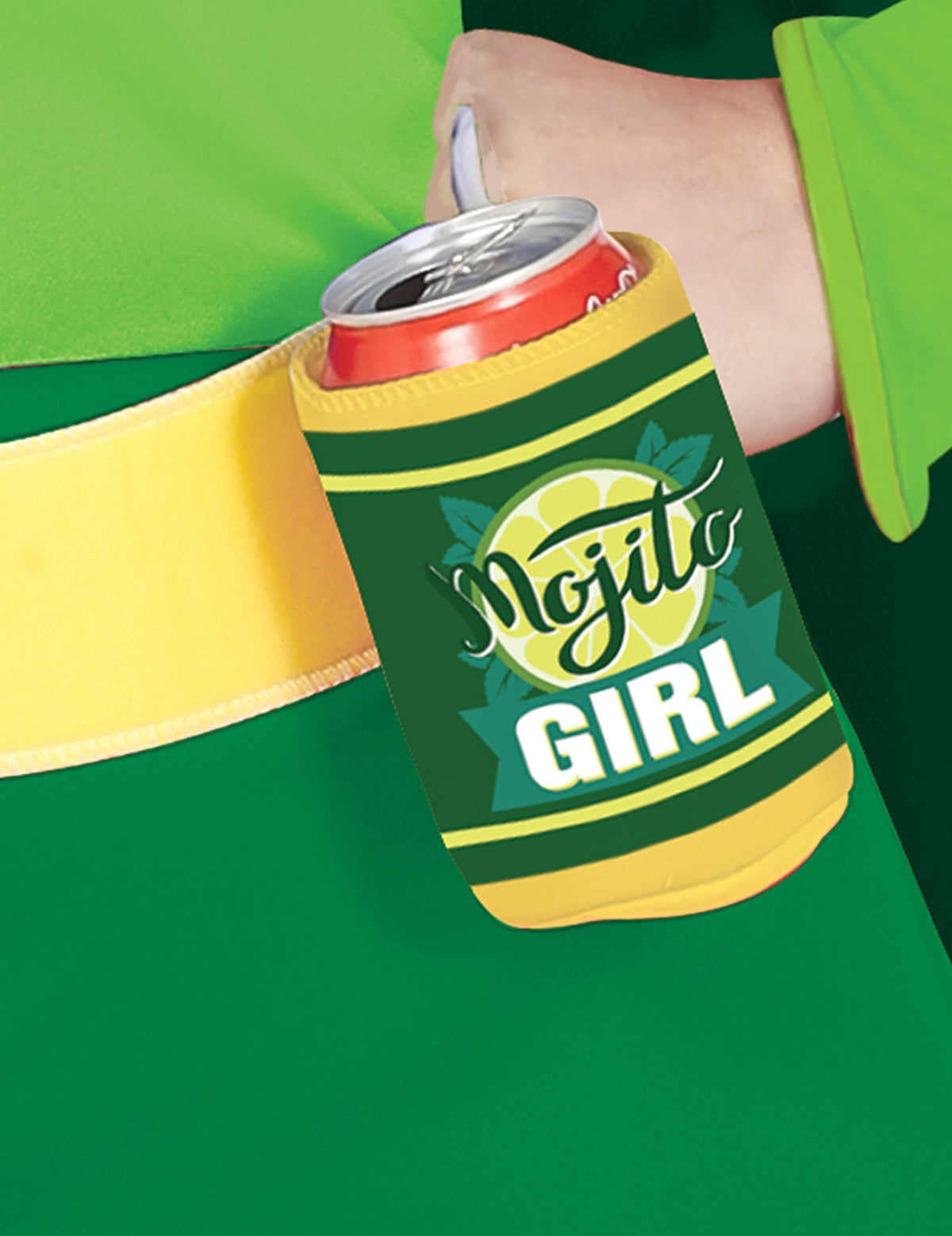 Gros plan sur le porte-cannette du déguisement Mojito Girl