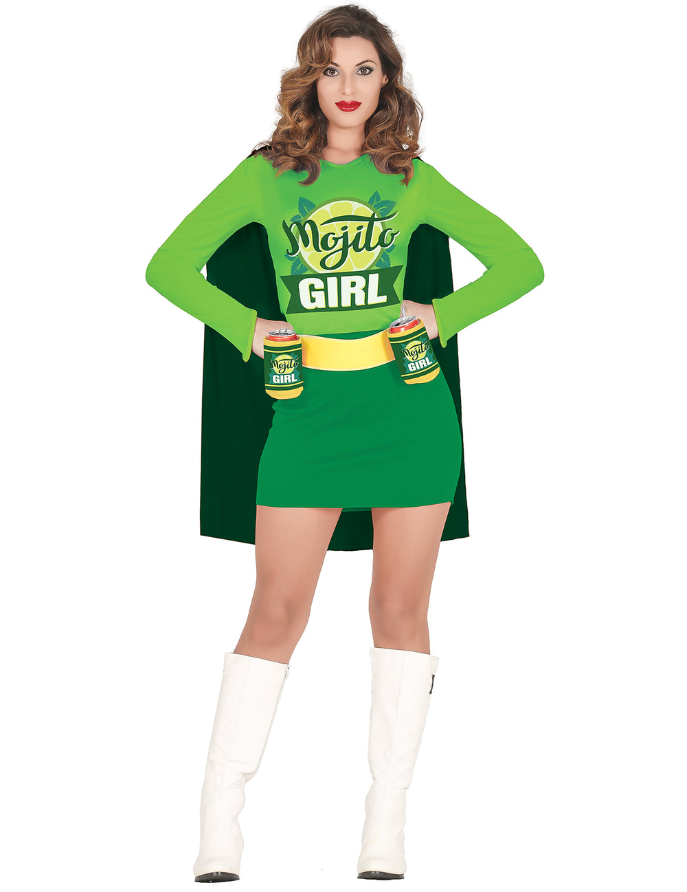 Déguisement de Mojito Girl pour femme vert avec cape et ceinture porte-cannettes