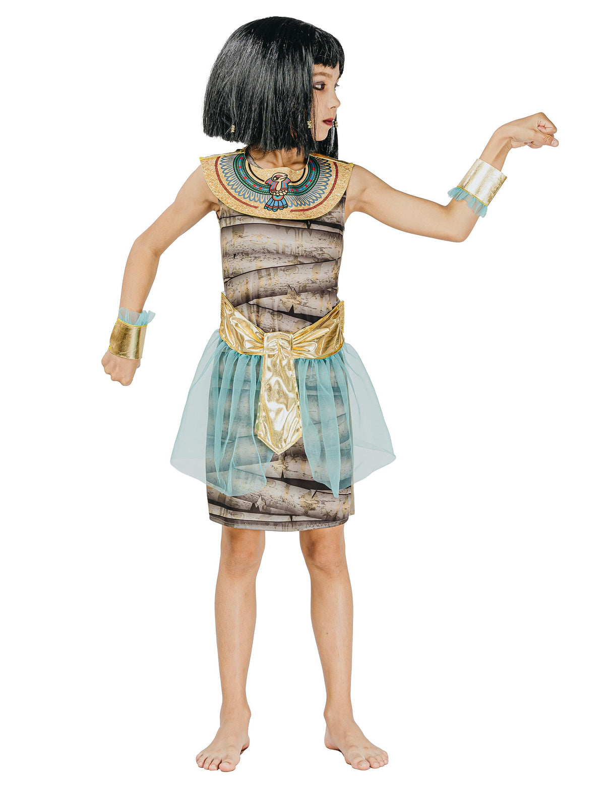 Déguisement momie Egyptienne pour fille beige et doré avec détails bleus