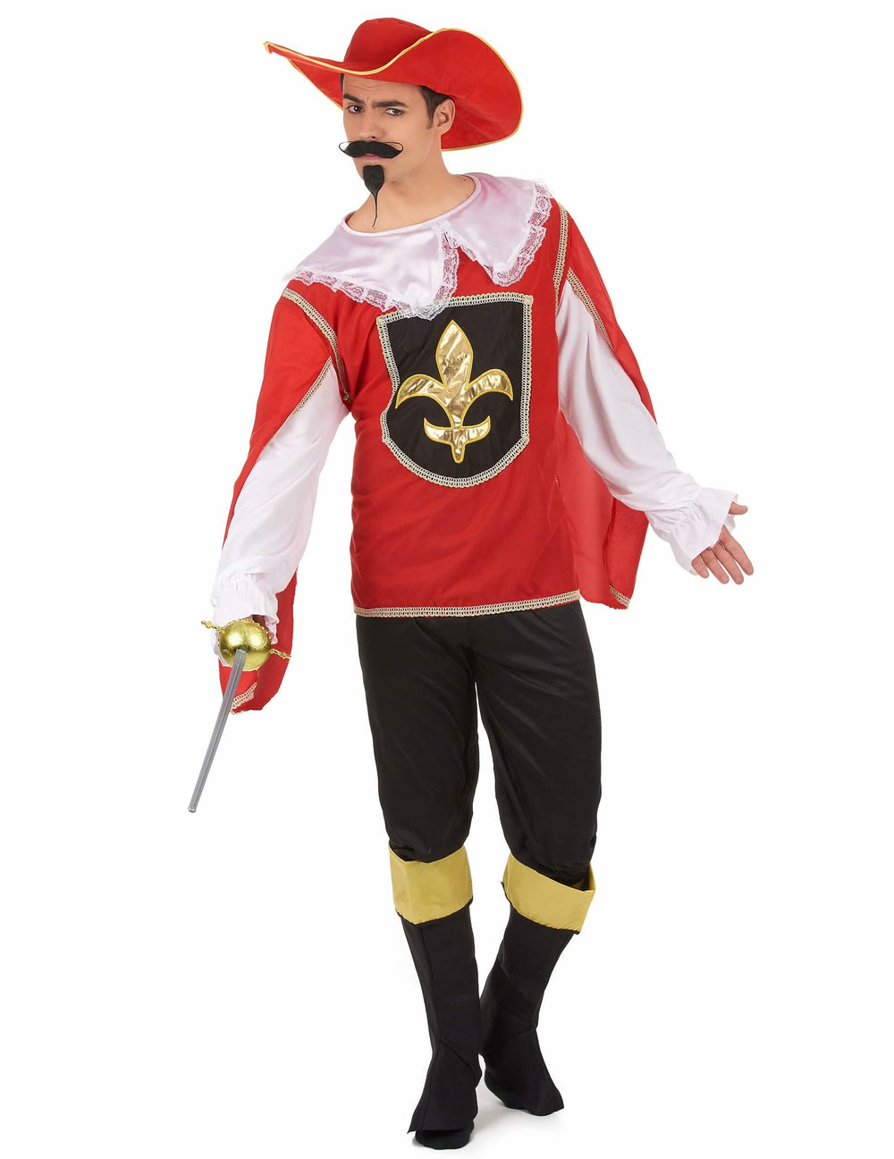 Costum de muschetar pentru bărbat roșu și negru cu blazon floare de lys