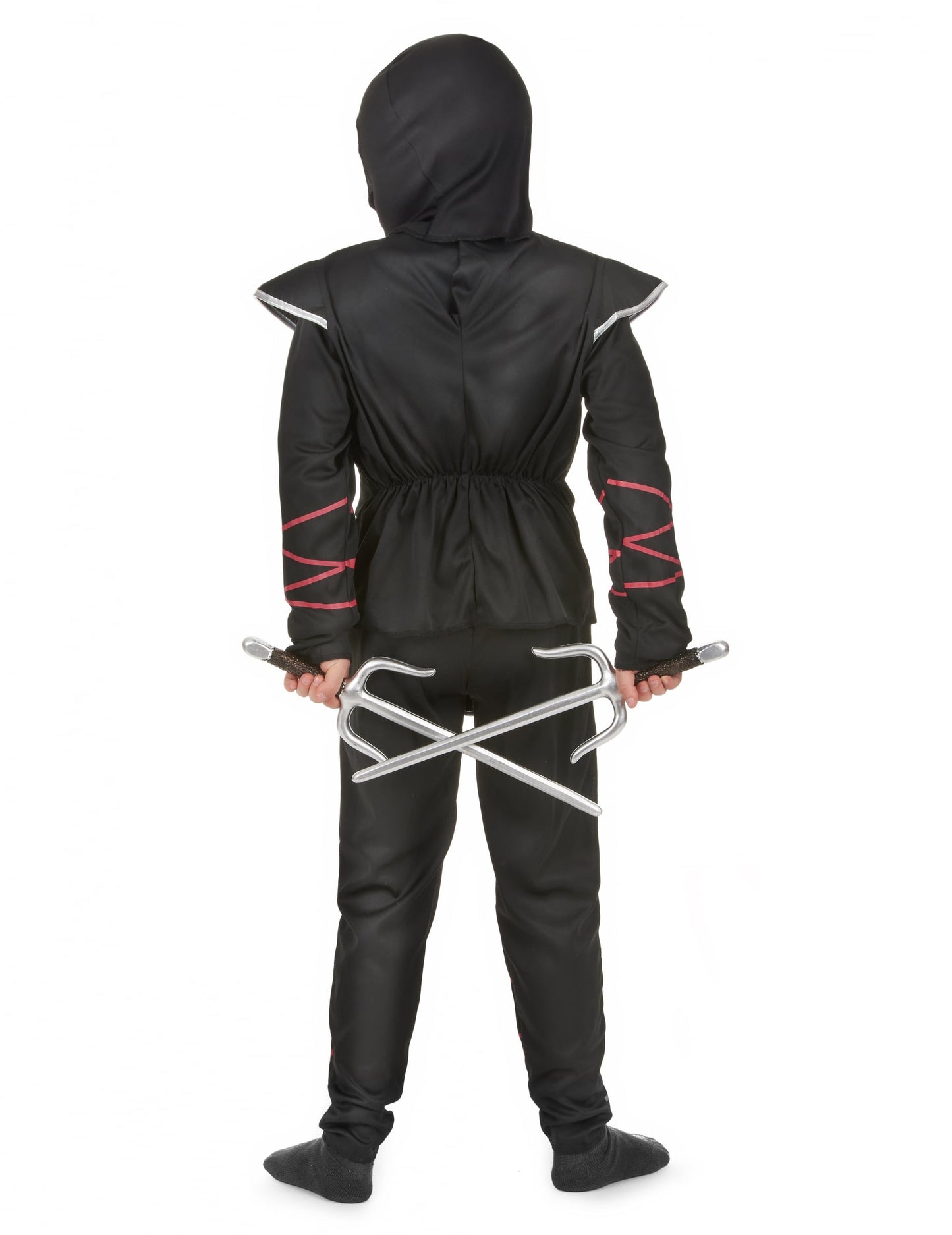 Vue de dos avec accessoires du déguisement ninja dragon argenté