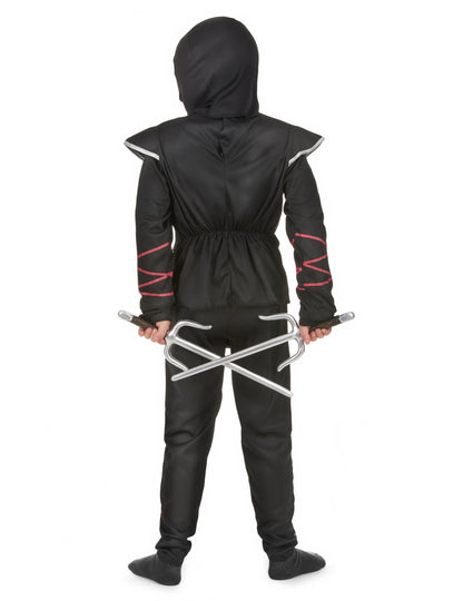 Vue de dos avec accessoires du déguisement ninja dragon argenté