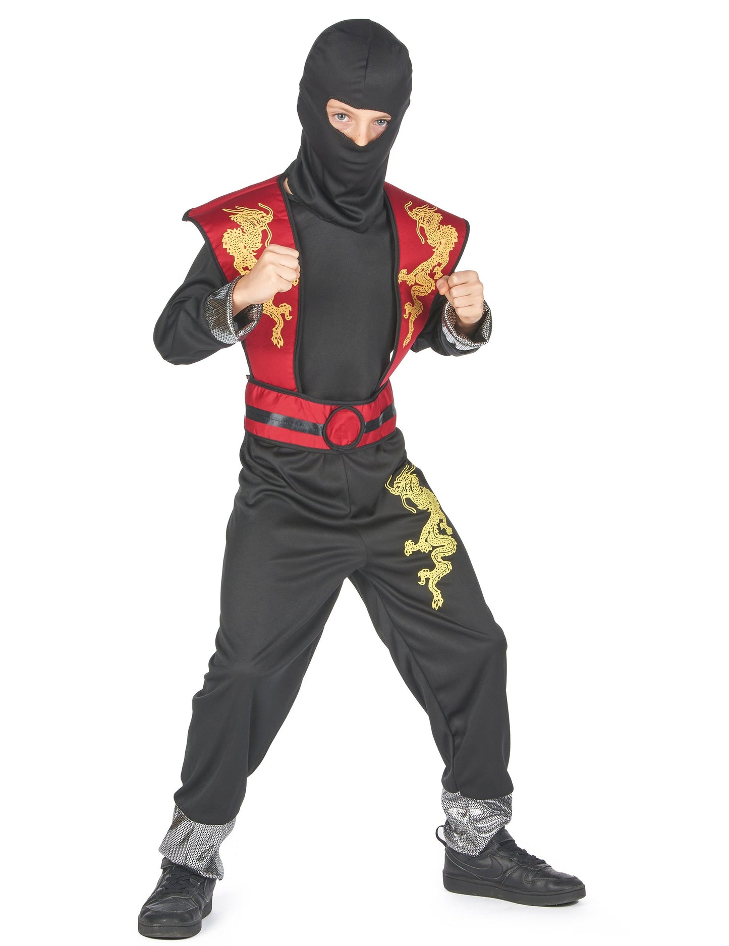 Vedere frontală a costumului ninja dragon galben pentru băiat