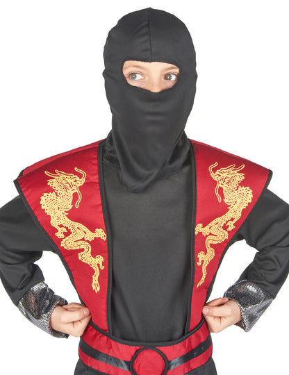 Gros plan sur le buste et la cagoule du déguisement ninja dragon jaune