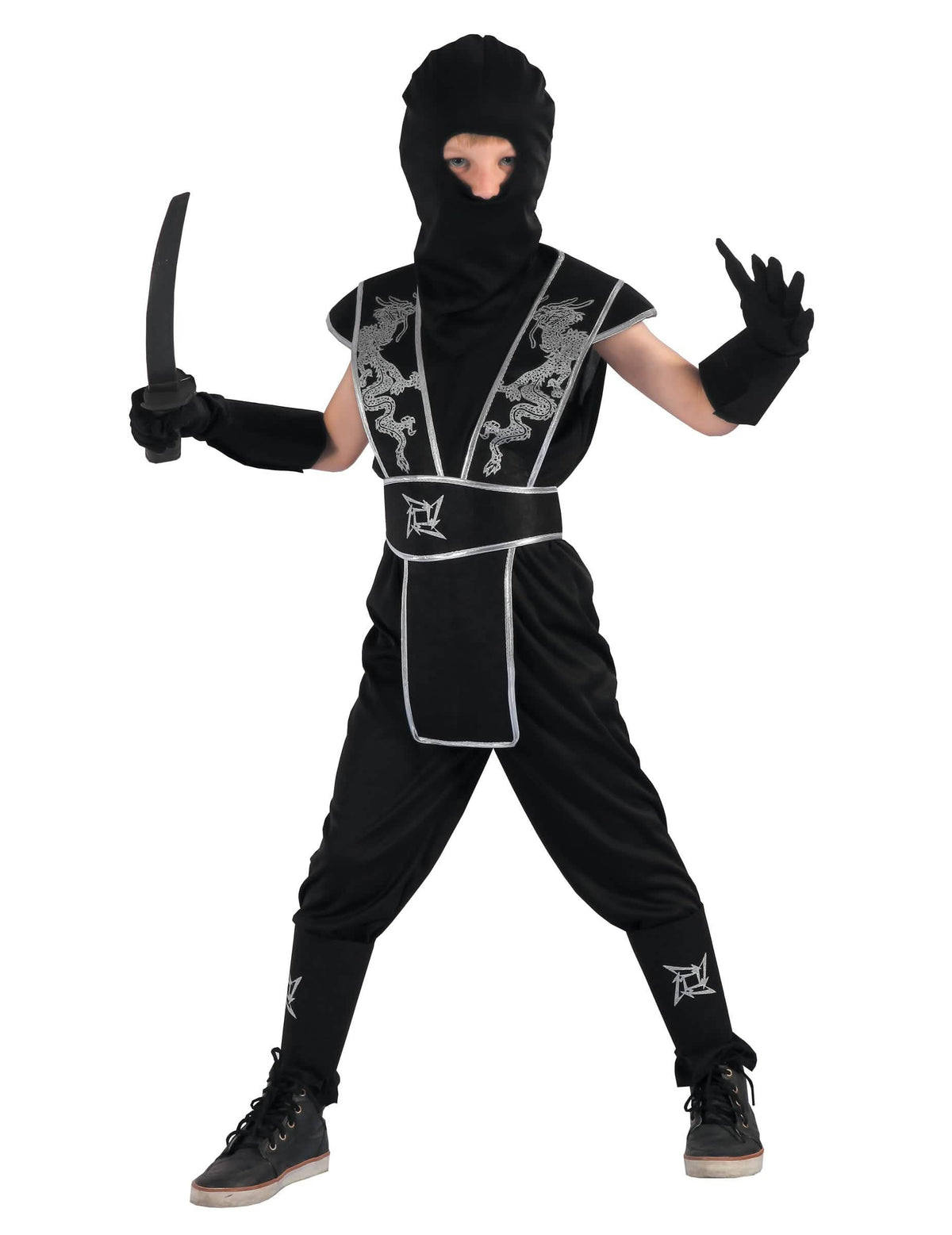 Costum de ninja stea Shuriken pentru băiat negru și argintiu cu motive de dragoni