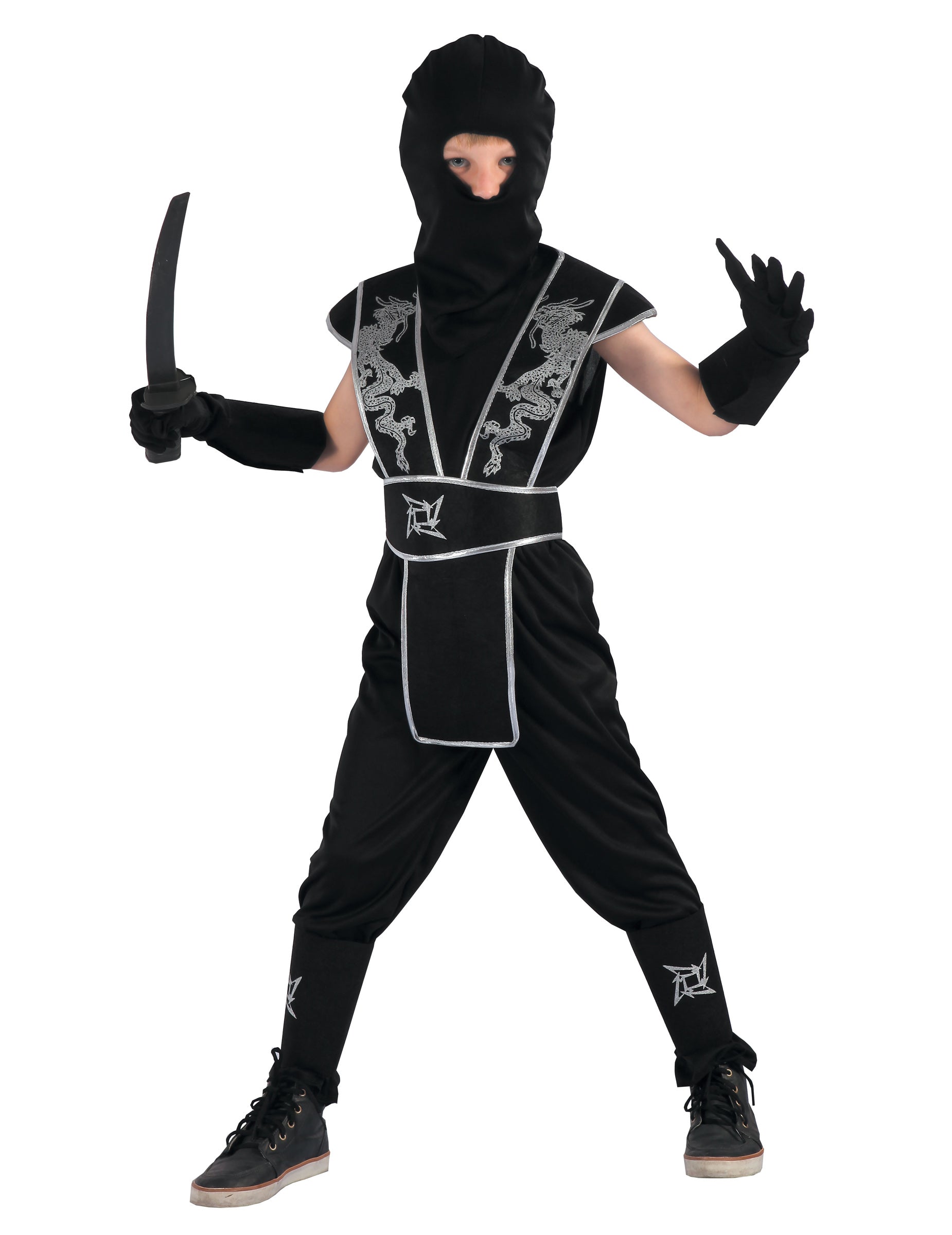 Déguisement ninja étoile Shuriken pour garçon noir et argent avec motifs dragons