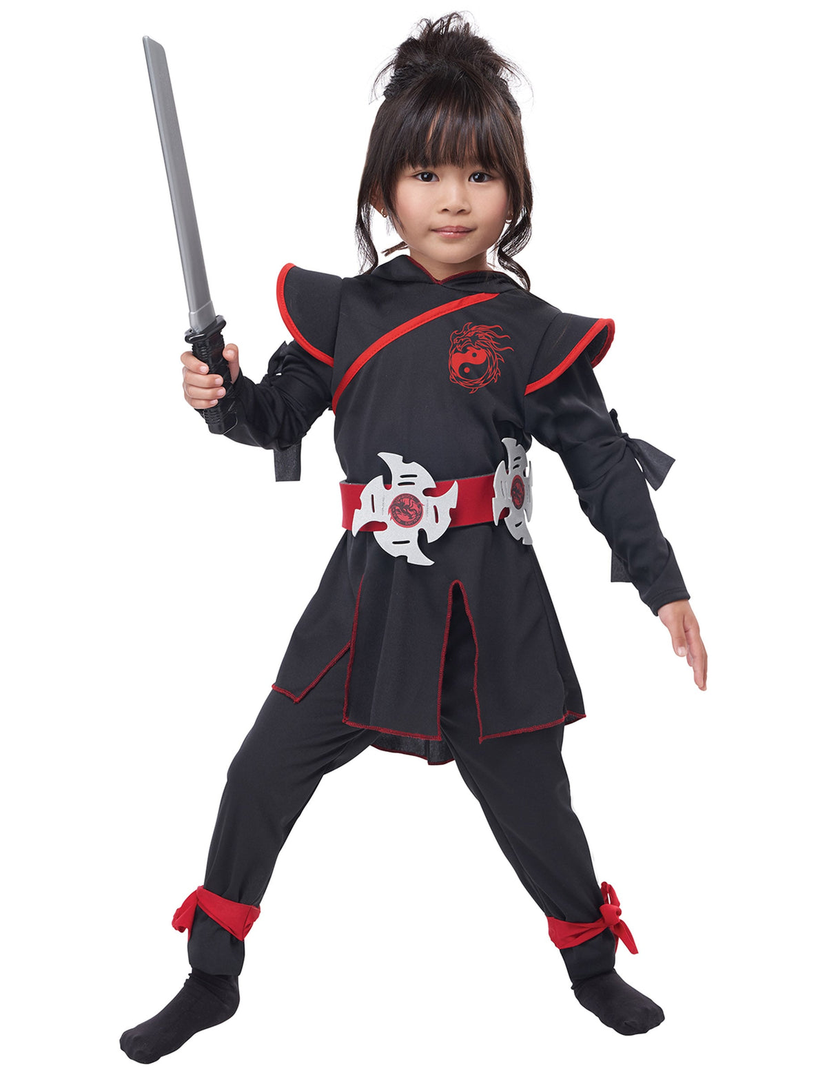 Déguisement ninja luxe pour fille noir et rouge avec ceinture et sabre