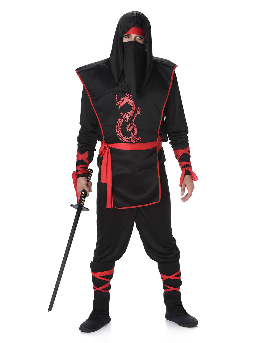 Costum ninja pentru bărbat negru și roșu cu imprimeu dragon