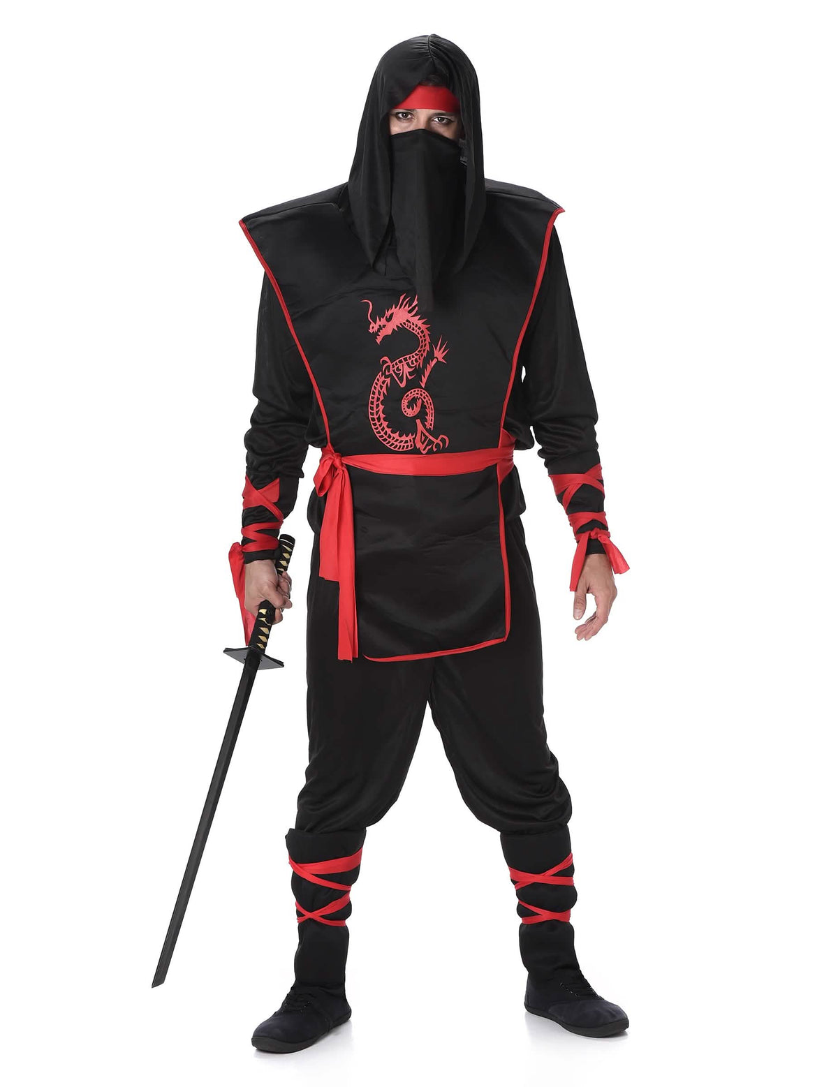 Costum ninja pentru bărbat negru și roșu cu imprimeu dragon