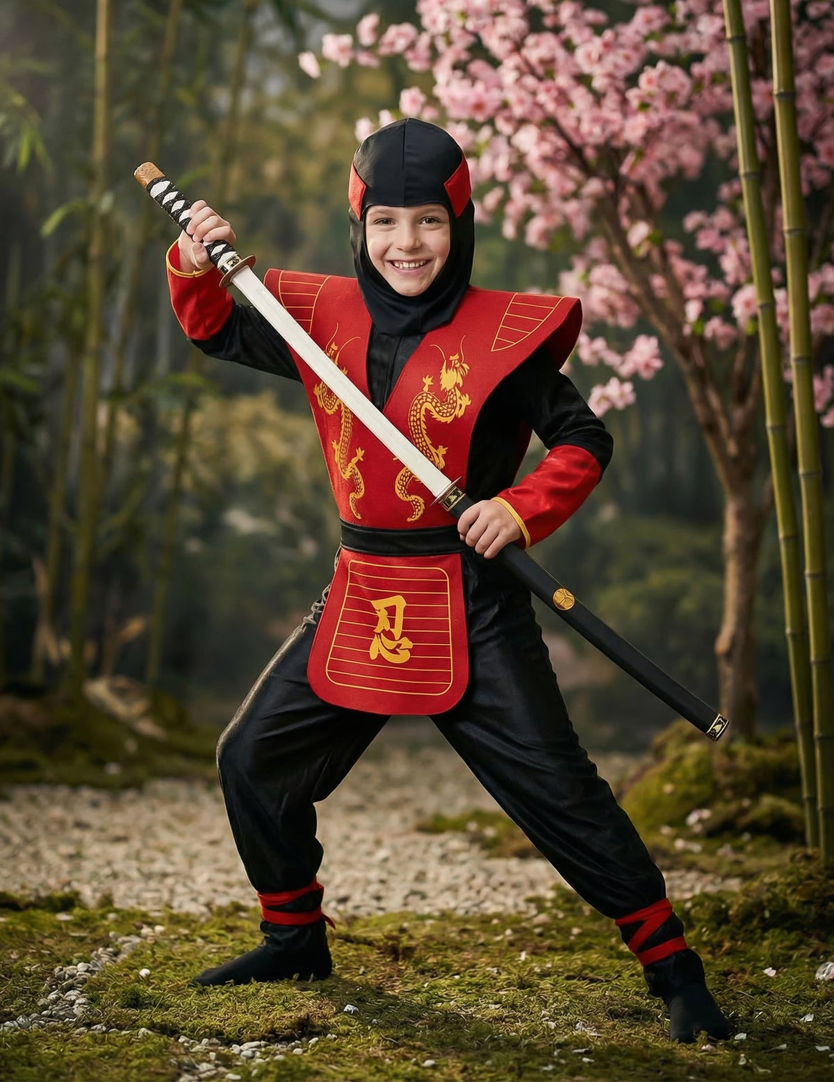 Pose de combat avec katana du déguisement ninja motifs dragons pour garçon