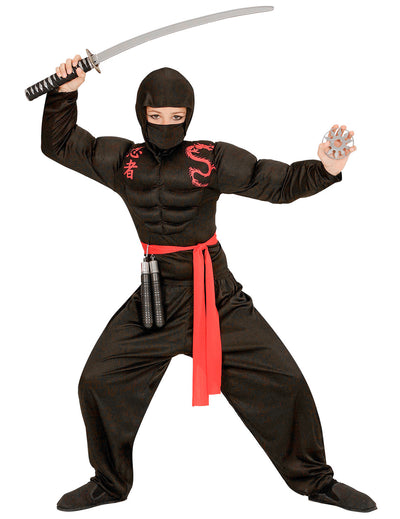 Costum ninja musculos pentru băiat, negru și roșu, cu dragon