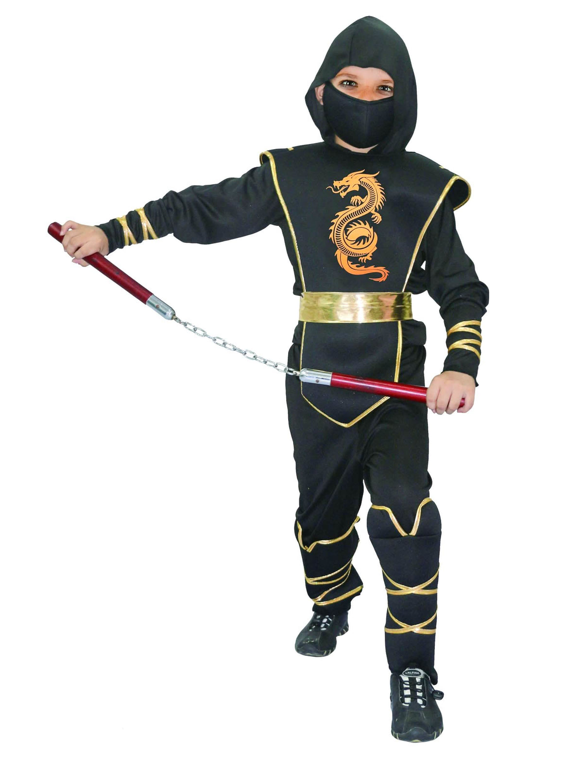 Costum de ninja pentru băiat negru și auriu cu motiv dragon