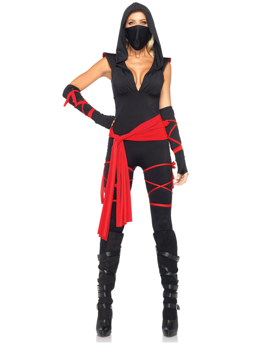 Déguisement de ninja sexy luxe pour femme noir et rouge avec cagoule et masque
