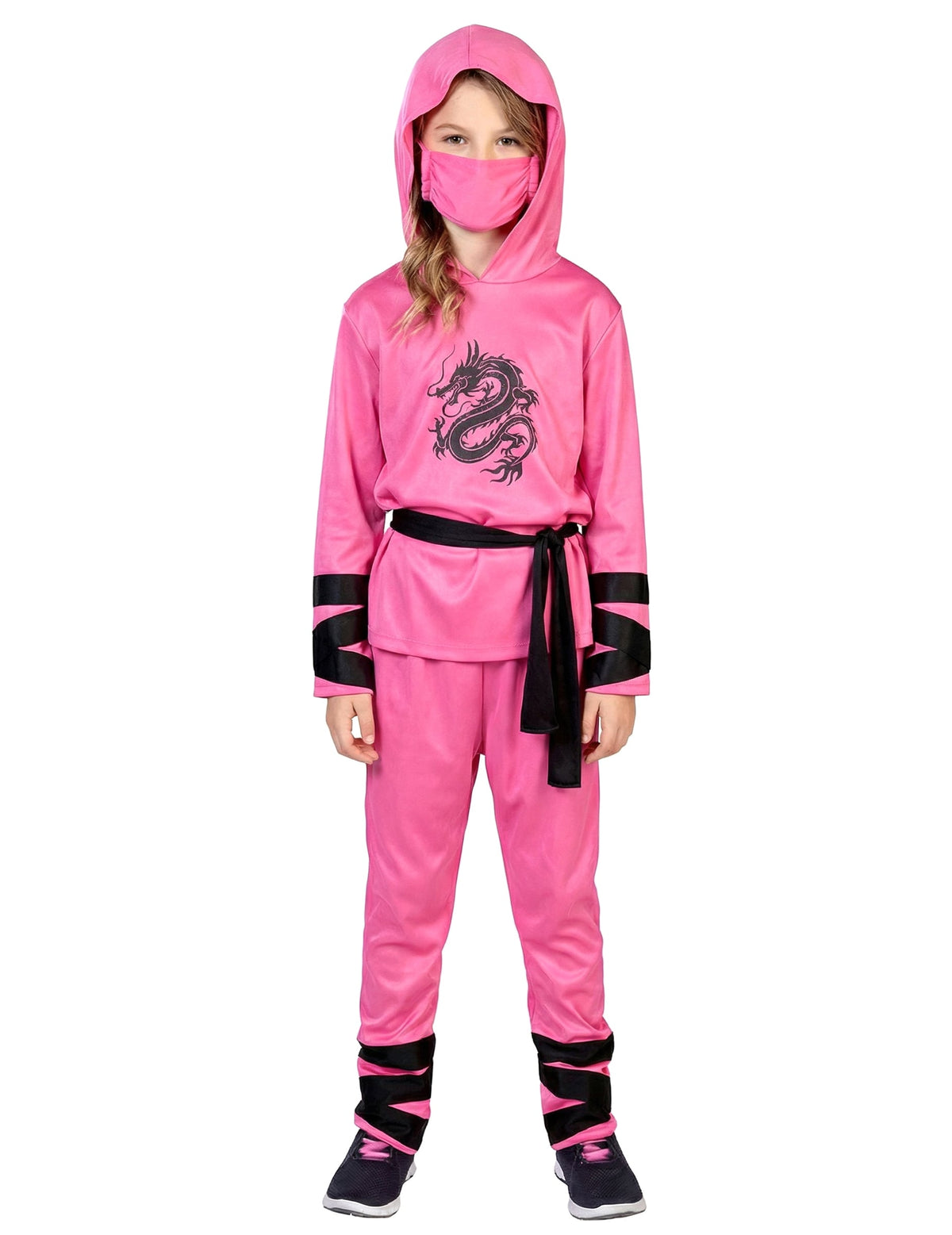 Déguisement de ninja pour enfant rose avec motif dragon noir