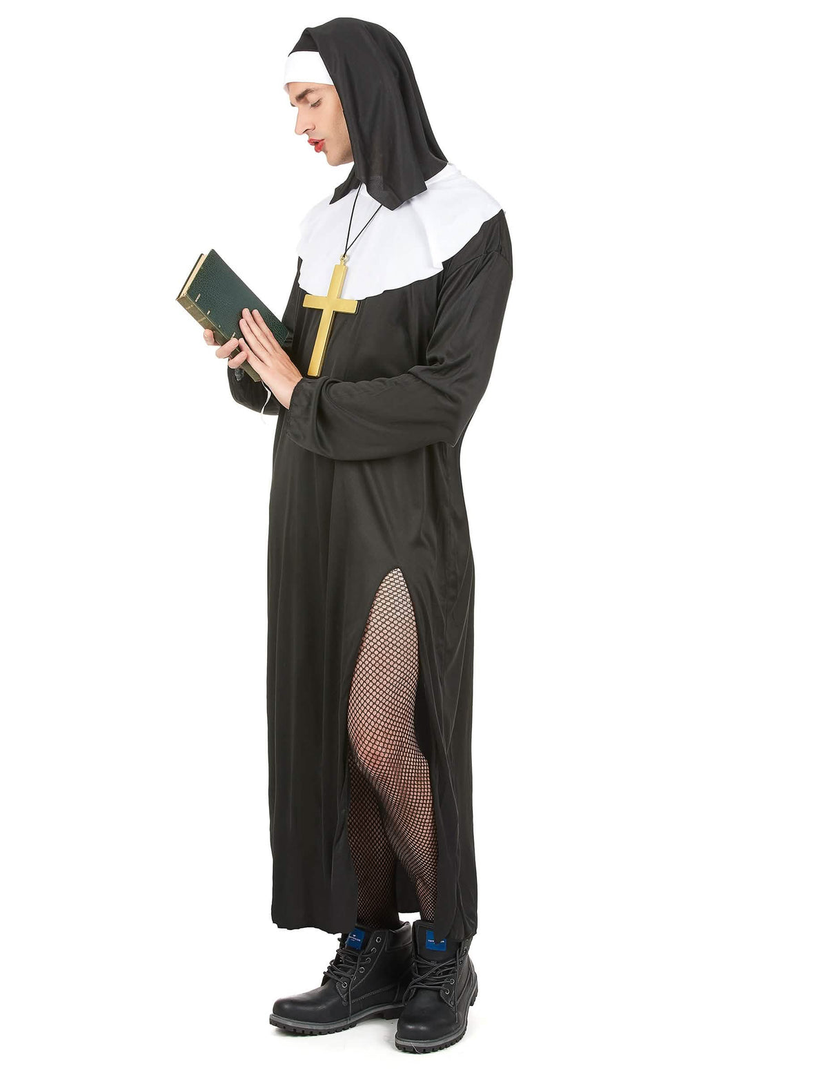 Costum umoristic de călugăriță pentru bărbat alb și negru cu fantă și ciorapi plasă