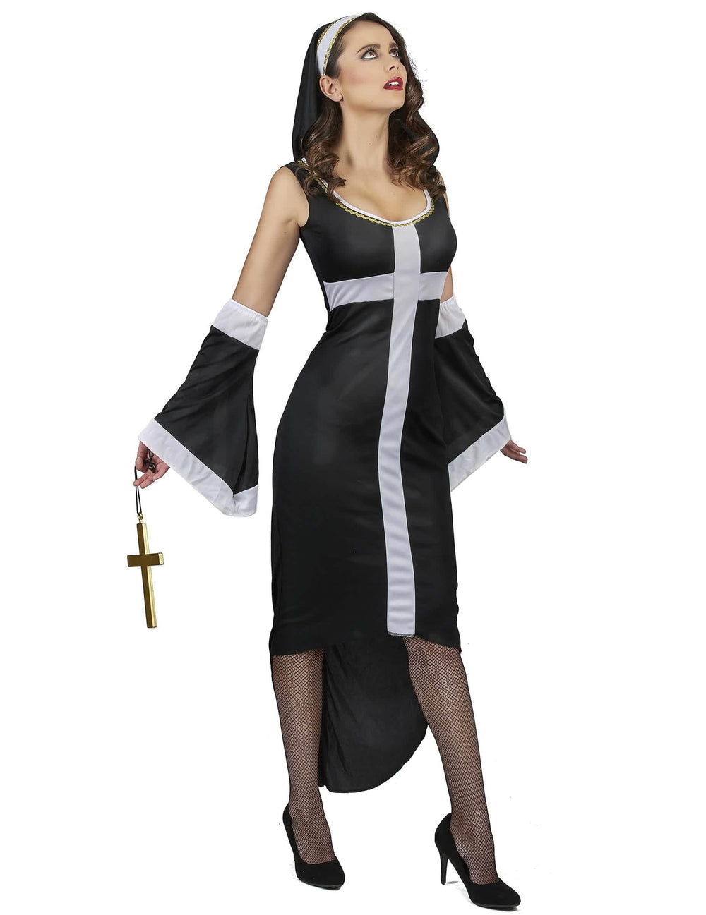 Vedere din trei sferturi a costumului de călugăriță sexy cu cruce albă