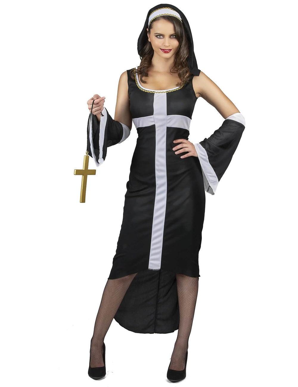 Costum de călugăriță sexy cu cruce albă pentru femeie alb și negru cu voal