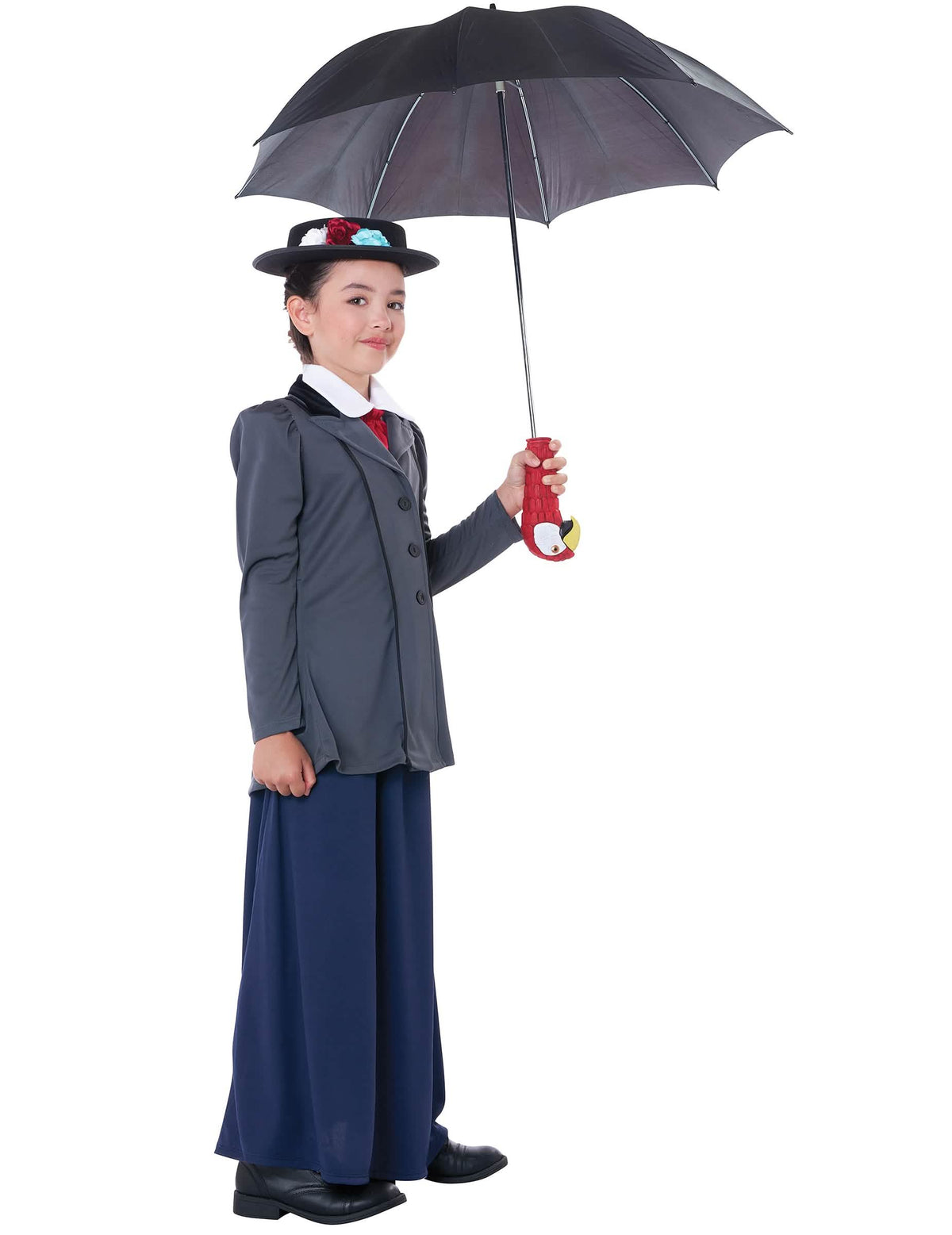 Vedere din trei sferturi cu umbrelă a costumului de dădacă engleză lux pentru fată