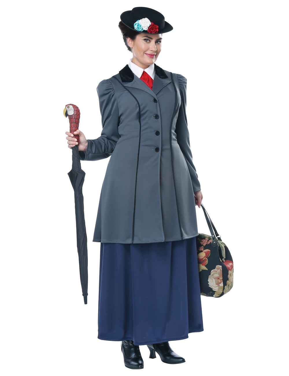 Déguisement de nourrice Anglaise pour femme gris et bleu avec chapeau et parapluie perroquet