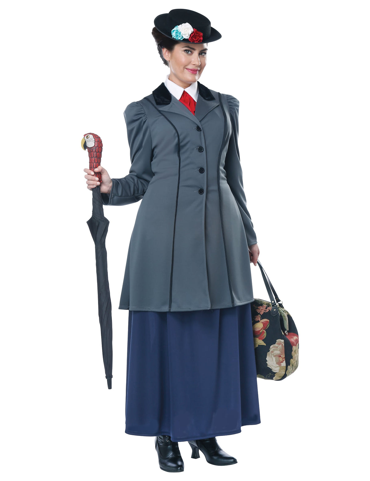 Déguisement de nourrice Anglaise pour femme gris et bleu avec chapeau et parapluie perroquet