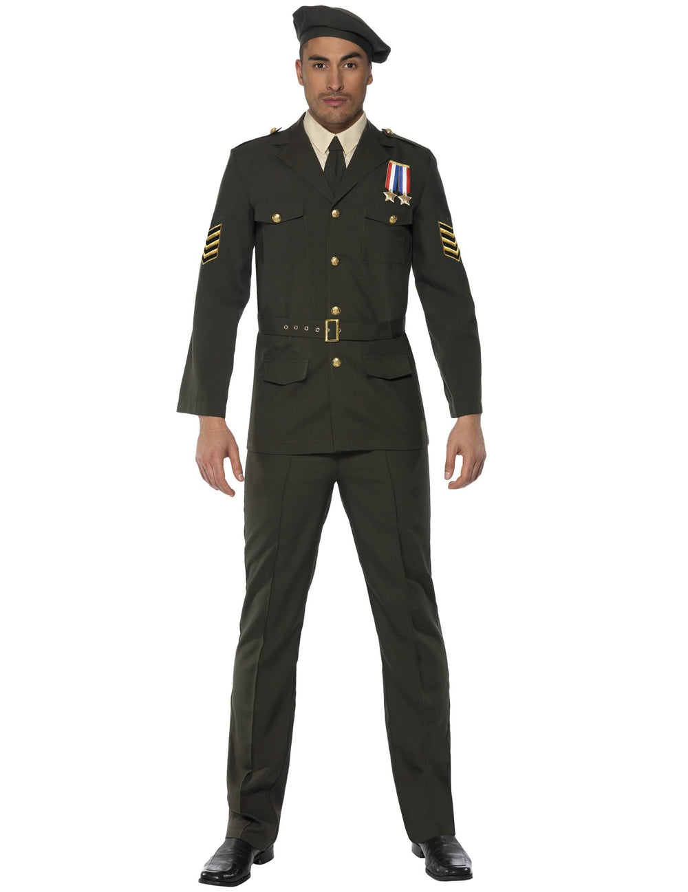 Costum de ofițer militar pentru bărbat verde kaki cu beretă și medalii