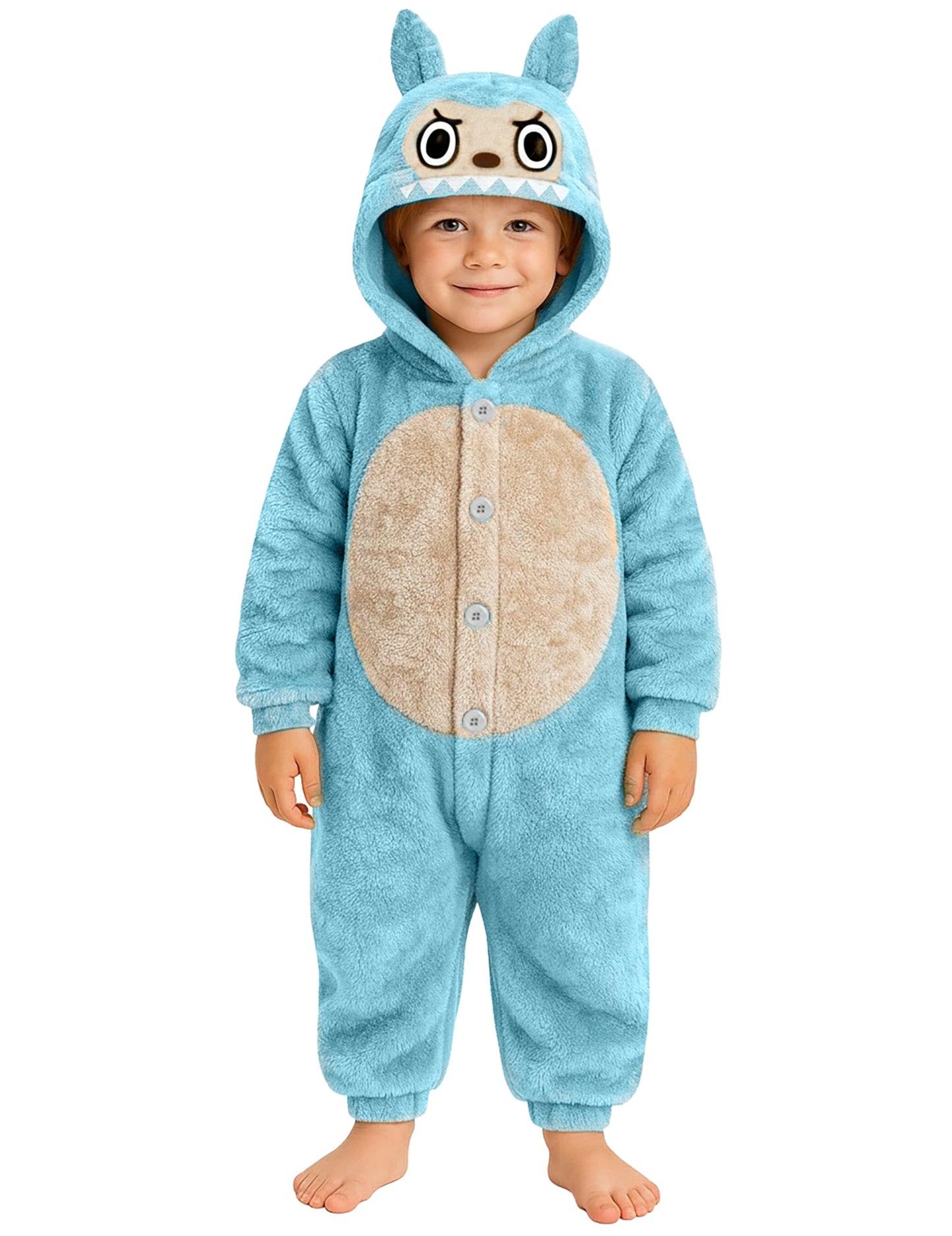 Déguisement peluche monstre pour enfant bleu avec capuche à oreilles