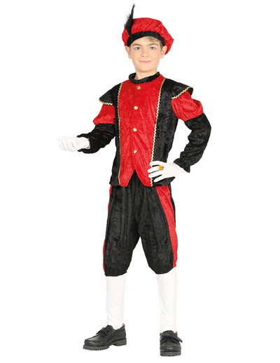 Déguisement de père fouettard pour enfant rouge et noir avec chapeau à plume