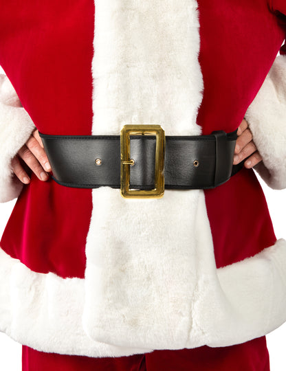 Gros plan sur la ceinture noire avec boucle dorée du déguisement de Père Noël