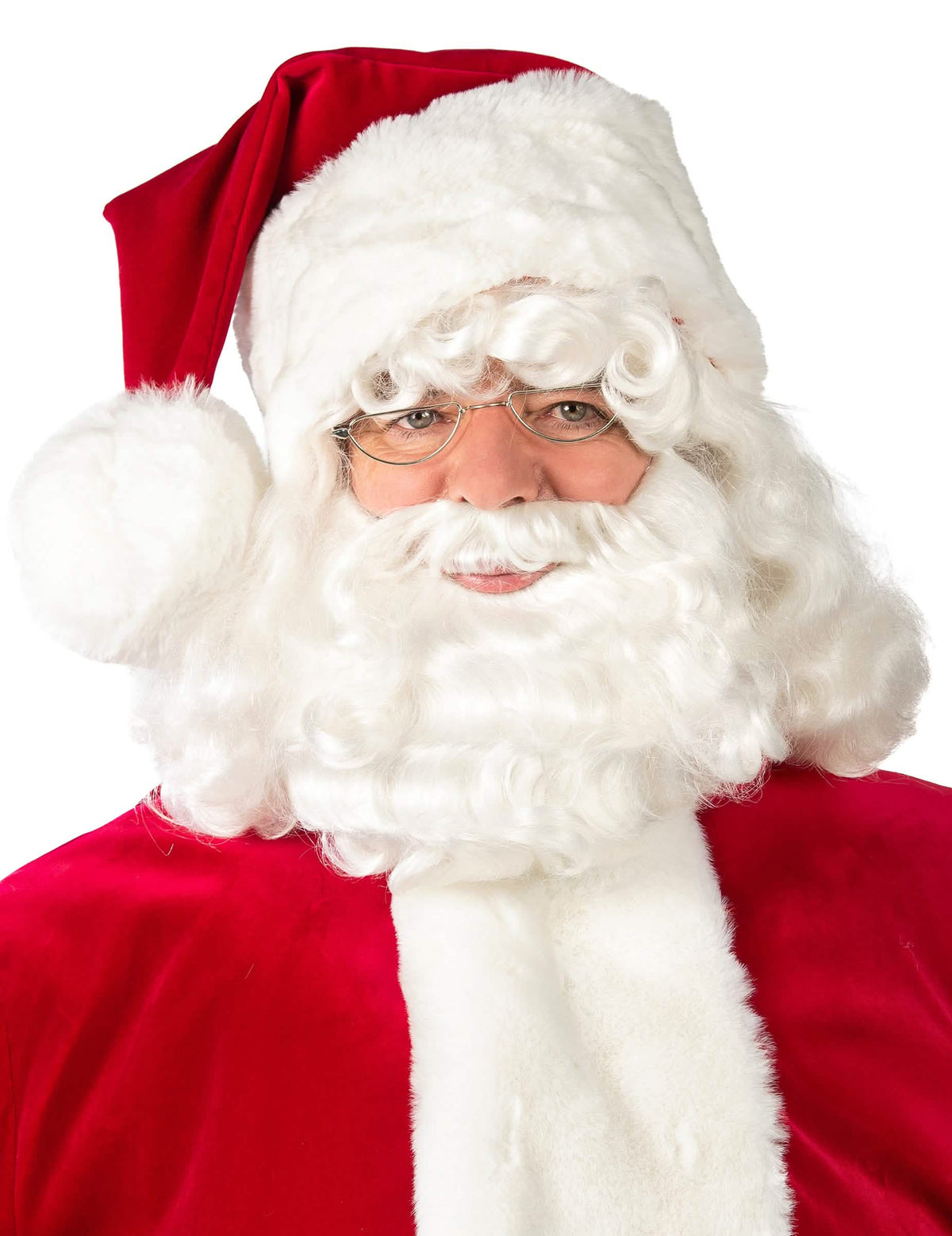 Gros plan sur le visage avec barbe et lunettes du déguisement de Père Noël