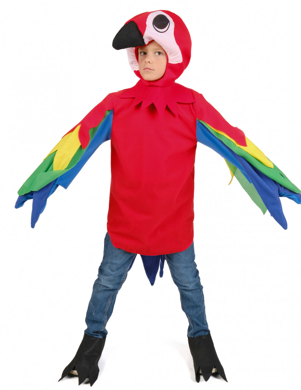 Vue d'ensemble avec bras écartés du déguisement de perroquet pour enfant