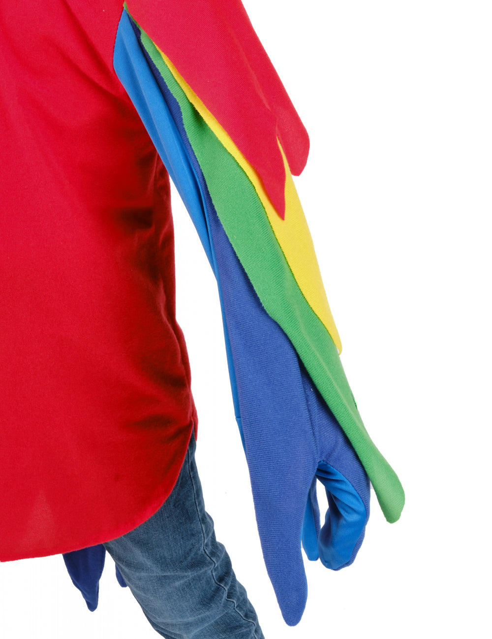 Détail des ailes multicolores de la manche du déguisement de perroquet pour enfant