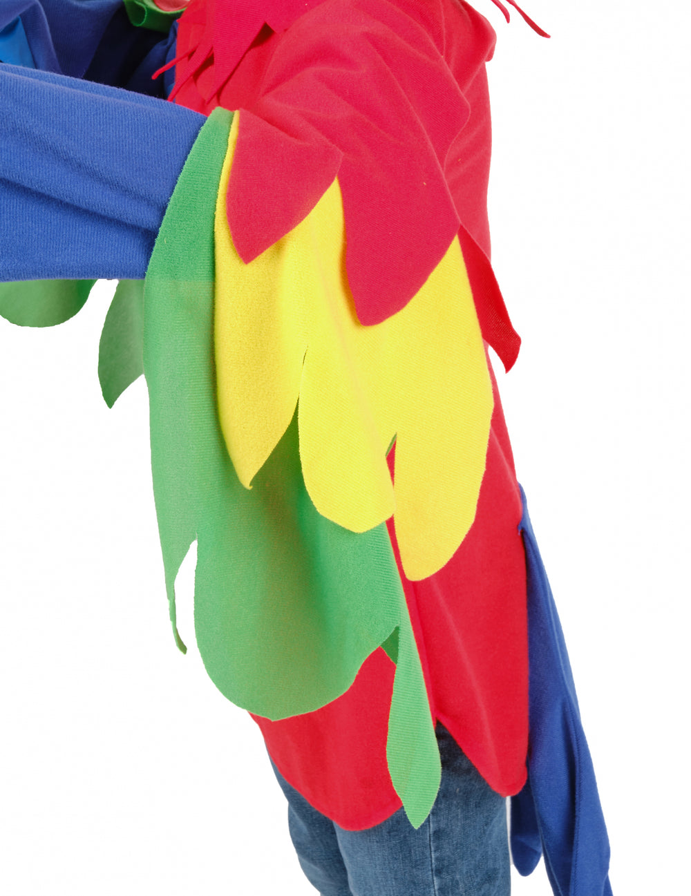 Détail des ailes multicolores du déguisement de perroquet