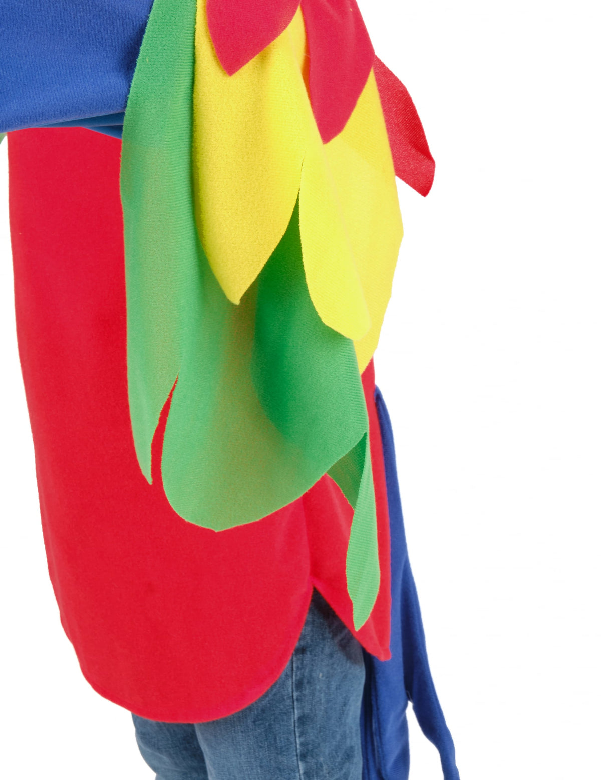 Détail des plumes colorées du déguisement de perroquet