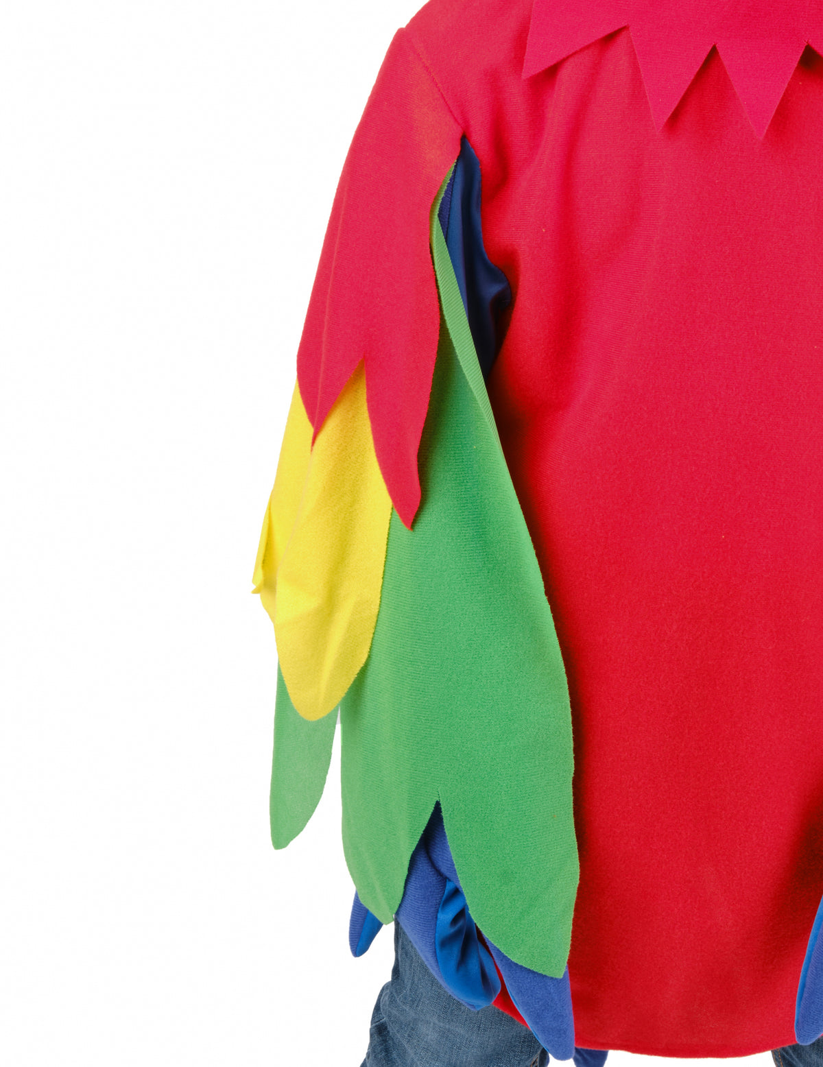 Détail des plumes de la manche du déguisement de perroquet