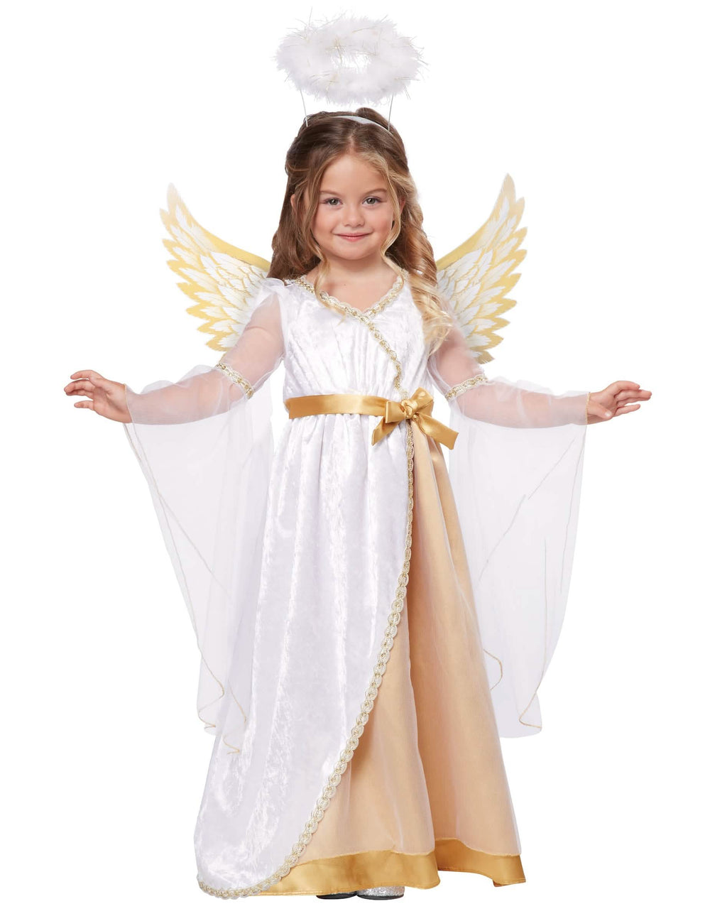 Costume de îngeraș pentru fată alb și auriu lux cu aripi și aură
