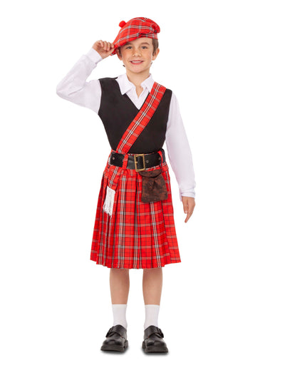 Déguisement petit Écossais pour garçon rouge à carreaux avec kilt et béret
