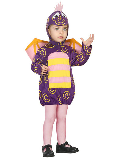 Costum de dragon mic pentru copil, mov, cu spirale galbene și aripi roz
