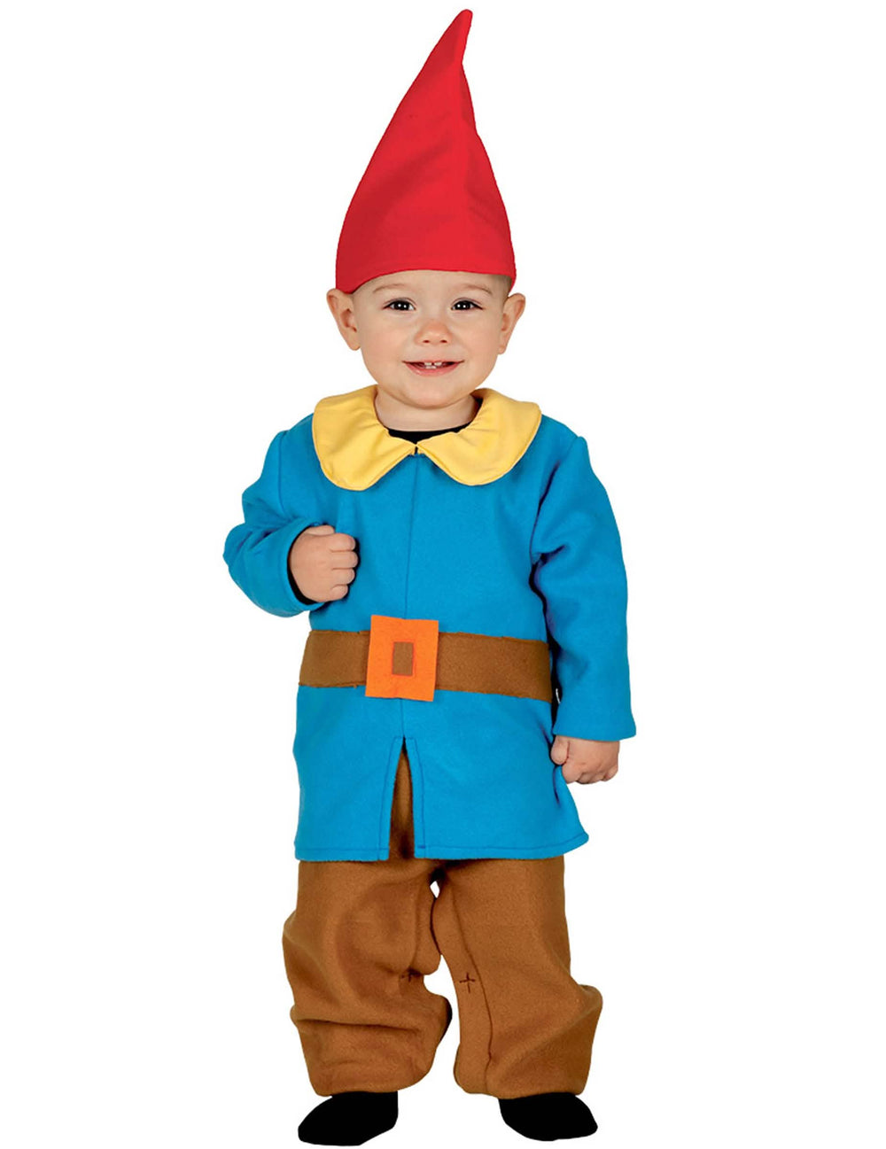 Costum de mic pitic pentru bebeluș albastru cu bonetă roșie și pantaloni maro