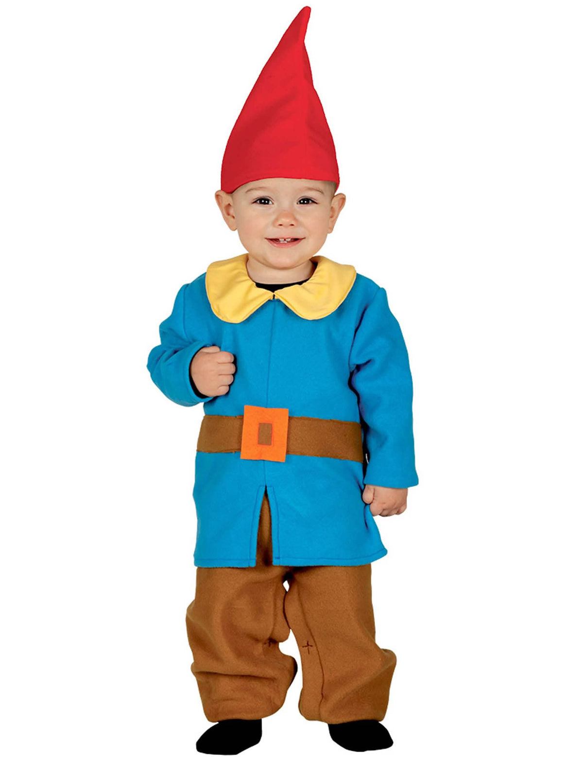 Costum de mic pitic pentru bebeluș albastru cu bonetă roșie și pantaloni maro