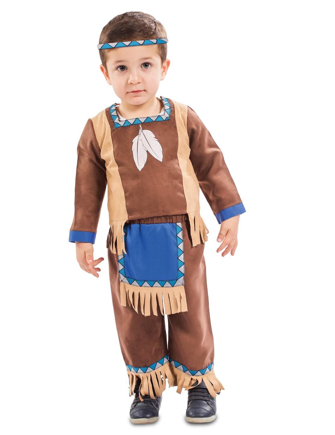 Costum de mic indian pentru bebeluș maro și albastru cu franjuri și banderolă