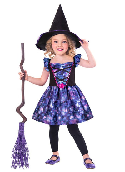 Costum de mică vrăjitoare din material reciclat pentru fată, violet galaxie, cu pălărie și mătură