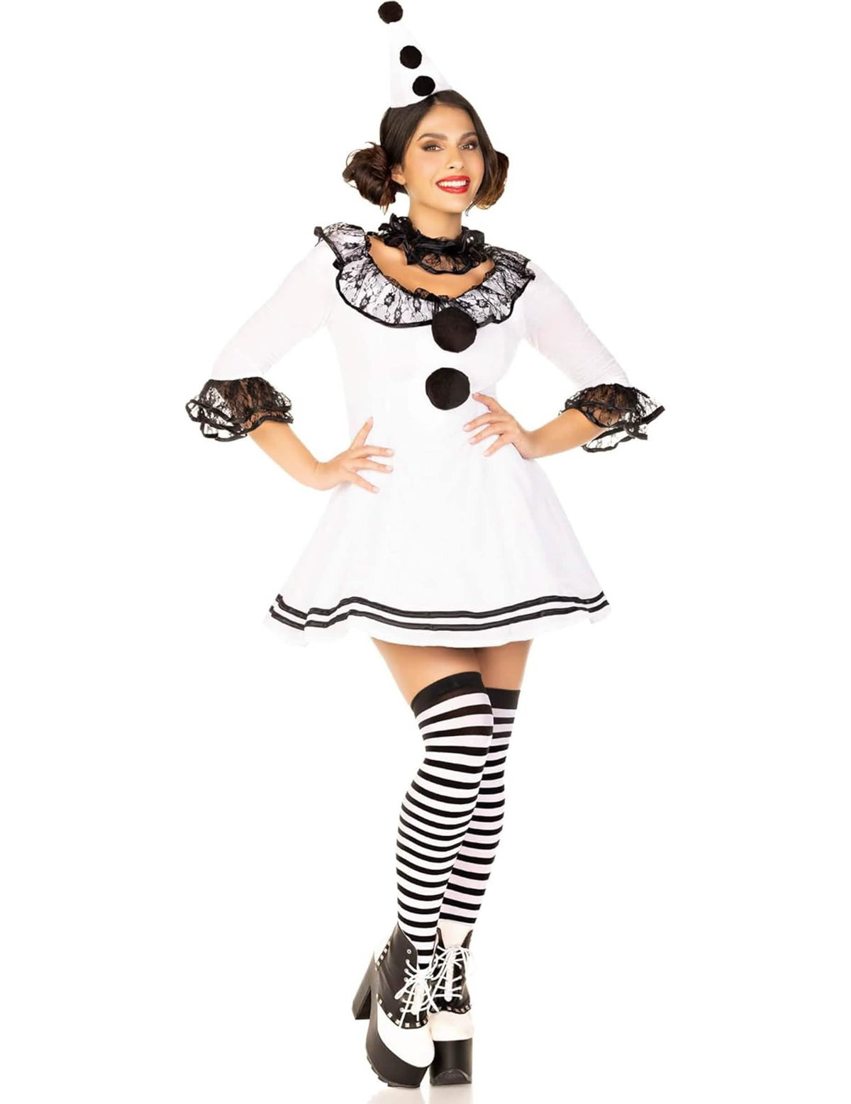 Costum de pierrot sexy pentru femeie alb și negru cu pampoane și dantelă