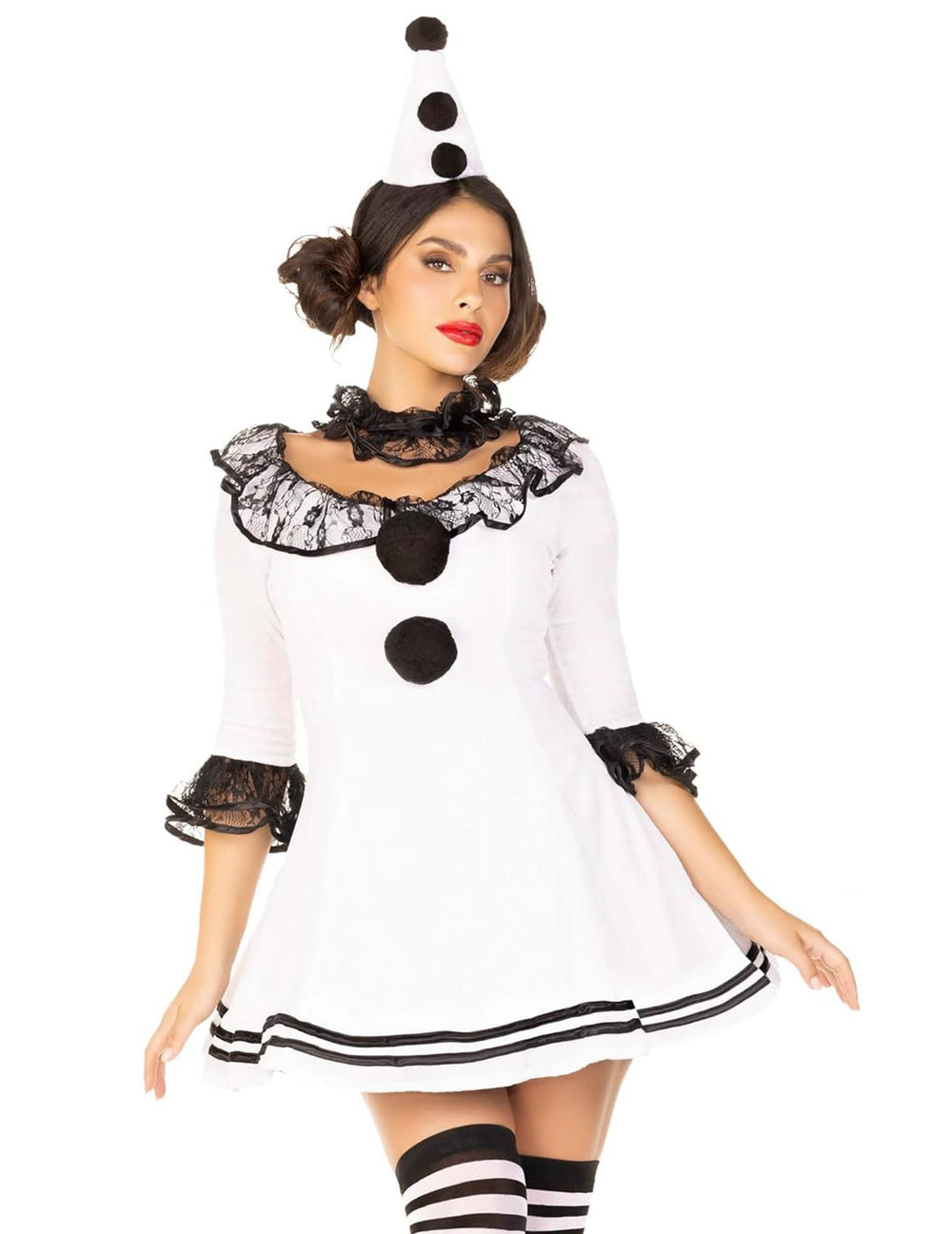 Vedere din trei sferturi din față a costumului pierrot alb sexy