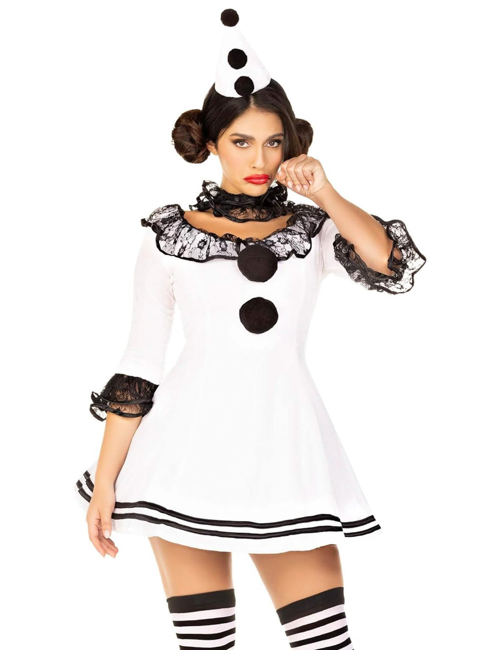 Prim-plan pe bustul costumului pierrot alb sexy