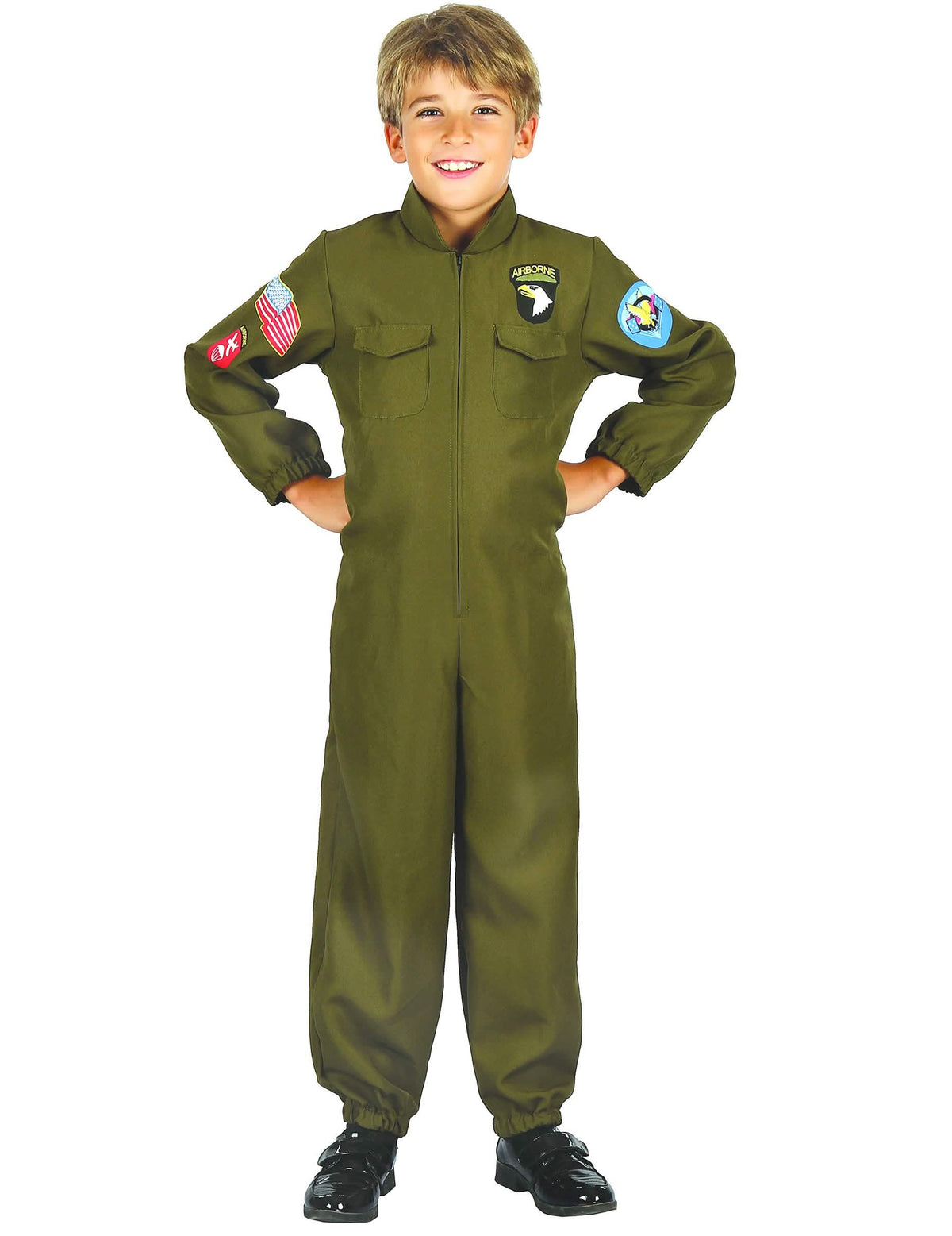 Costum de pilot de vânătoare pentru băiat verde cu ecusoane