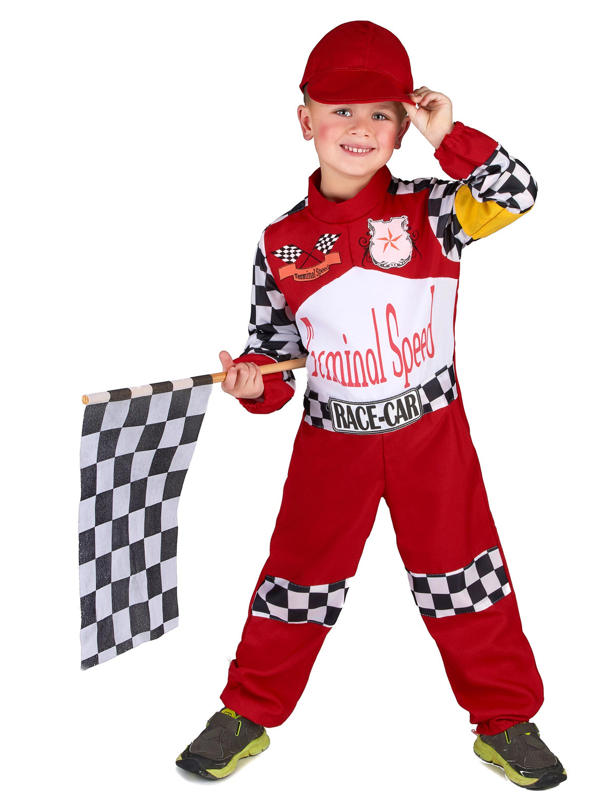 Déguisement pilote de course pour enfant rouge avec détails à damier et casquette