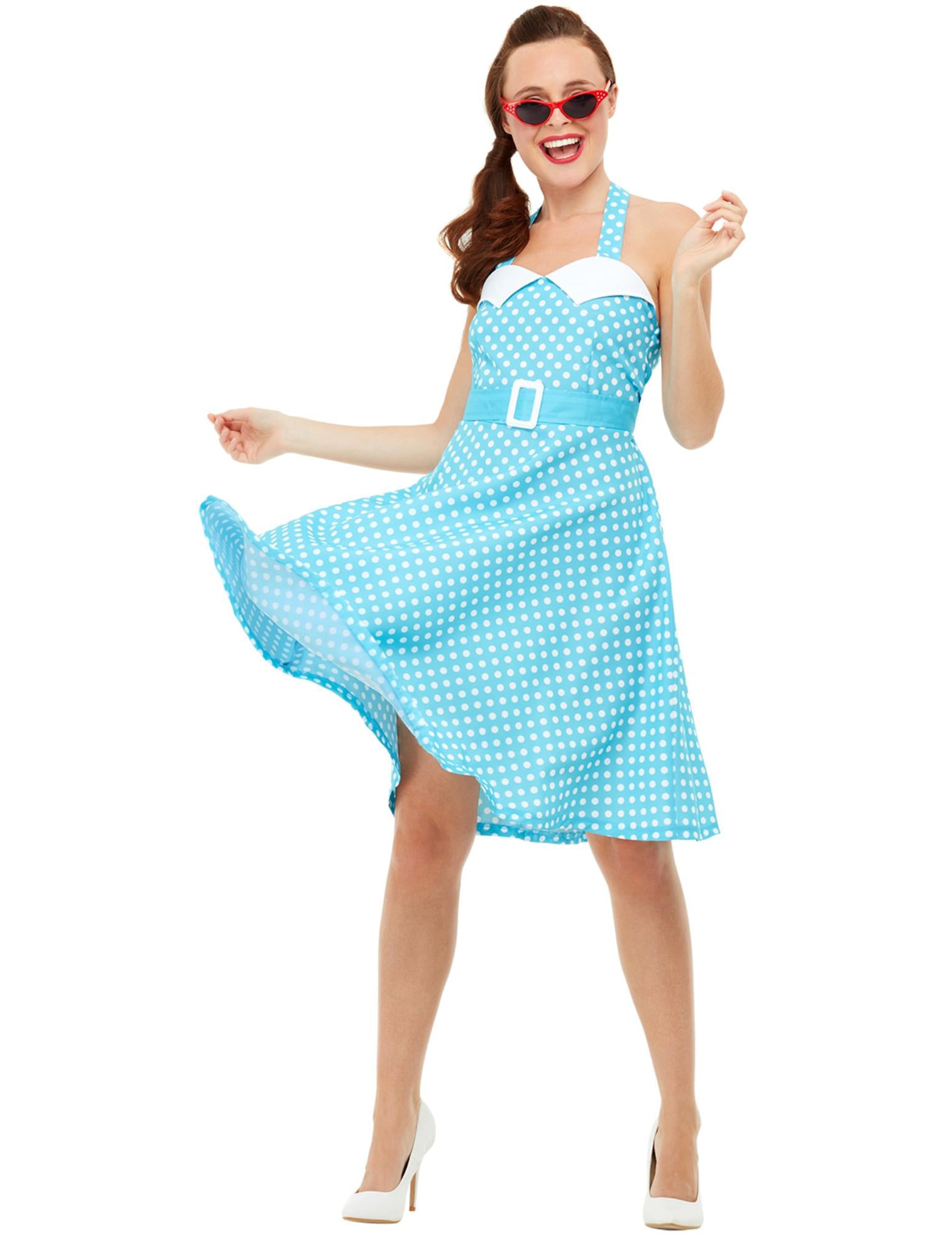 Déguisement pin-up rétro pour femme bleu à pois blancs avec ceinture