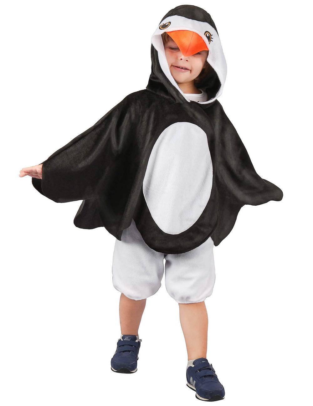 Costum de pinguini pentru copil alb și negru cu glugă cu cioc portocaliu
