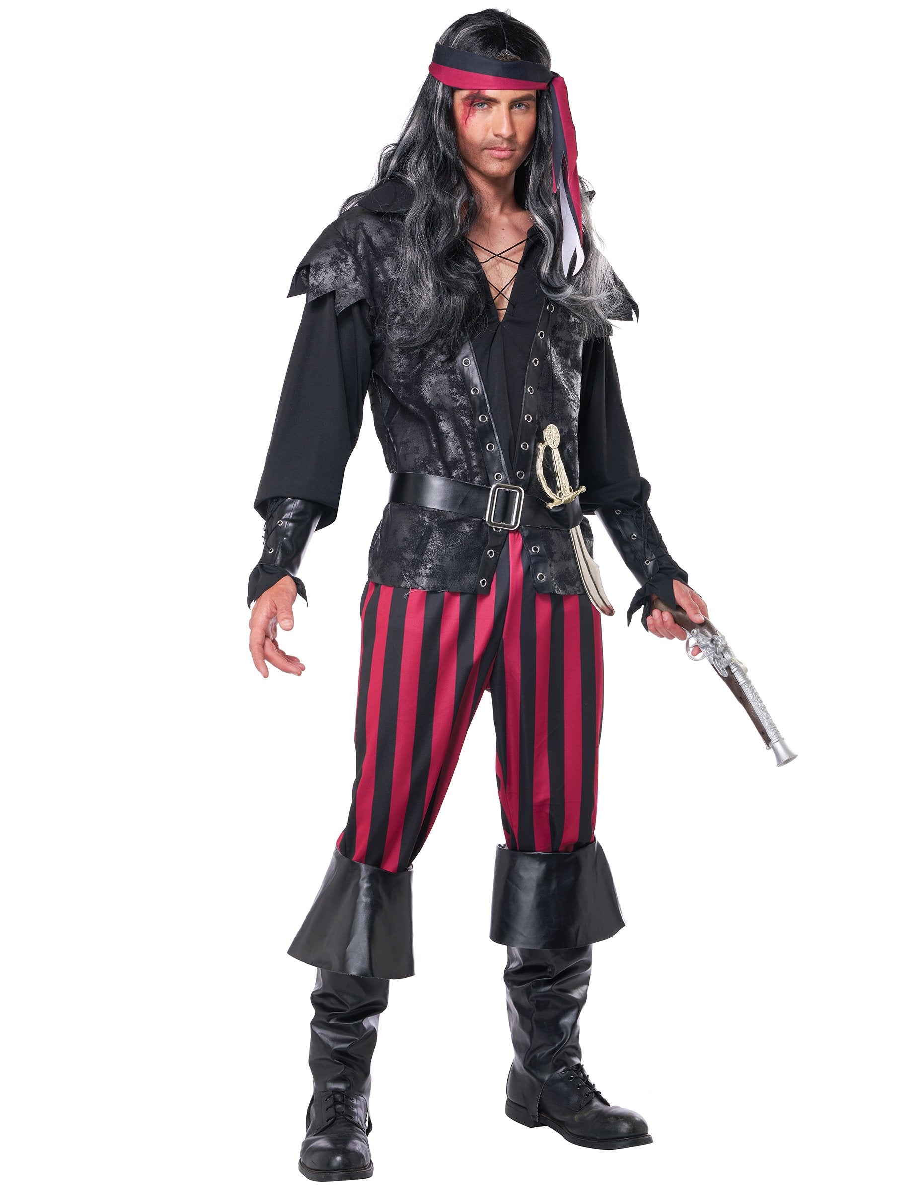 Costum de Pirat cu dungi pentru bărbați, negru și roșu