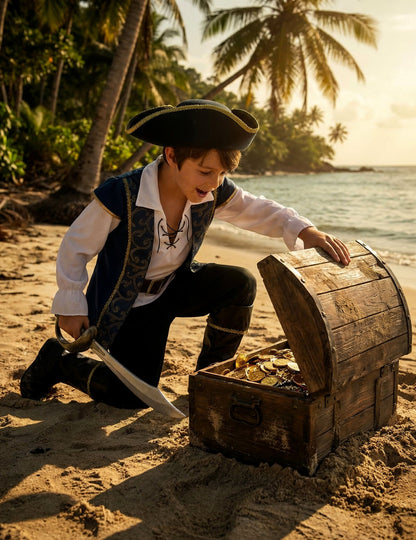 Mise en situation avec coffre au trésor du déguisement de pirate pour garçon
